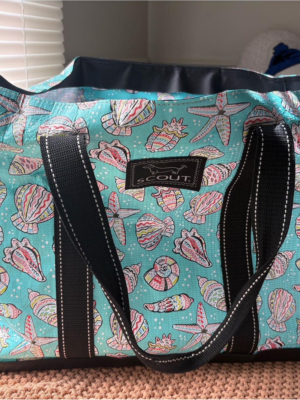 Scout Turquoise Seashell & Starfish Tote with Black Handles